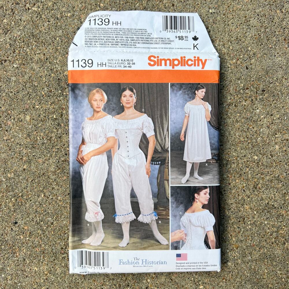 Simplicity Size 6-12 Civil War Underwear Chemise Corset Costume Pattern 1139